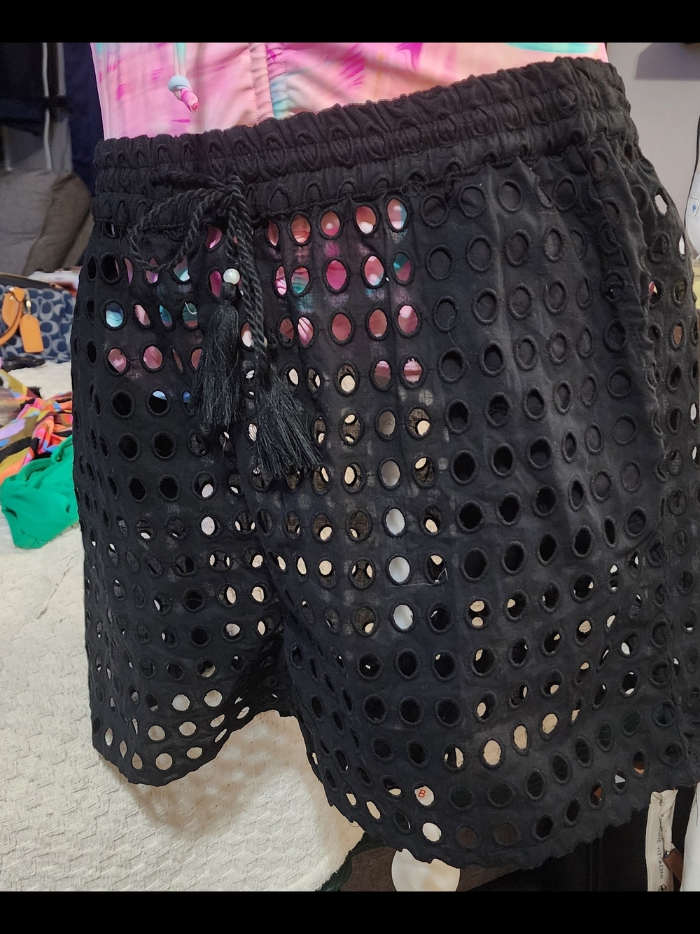Dotti Black Eyelet Coverup Shorts with Tassel Drawstring Sz XLG NWT